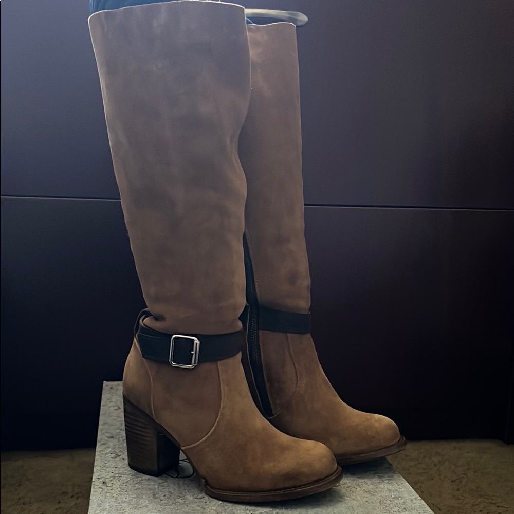 Women’s Tall Buckle Strap Suede Boots - Brown